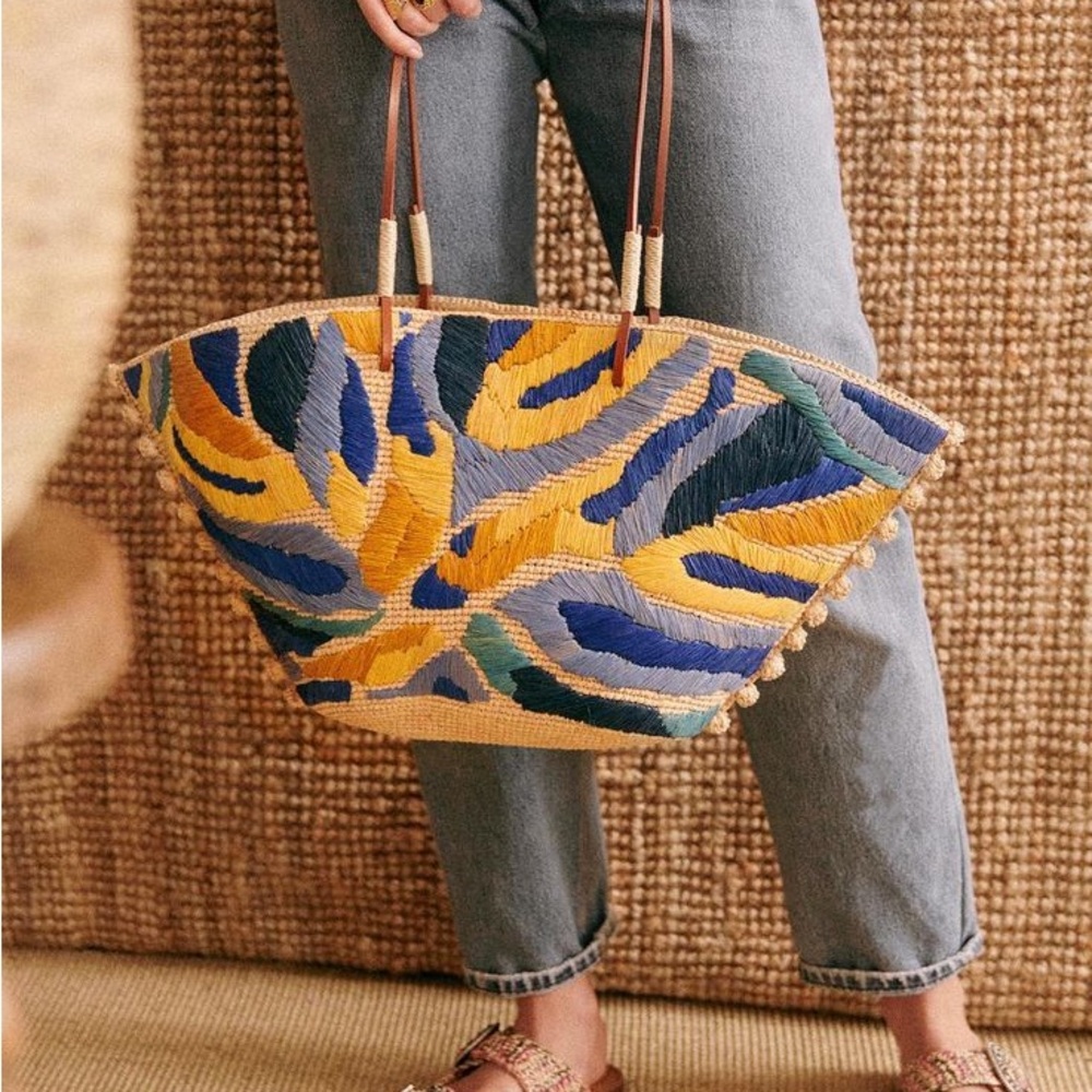 New Sezane multi-colored blue straw tote